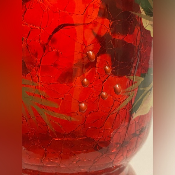 Vintage Red Crackle Glass Hurricane Vase Hand Painted Christmas Poinsettias 6” - Picture 5 of 12